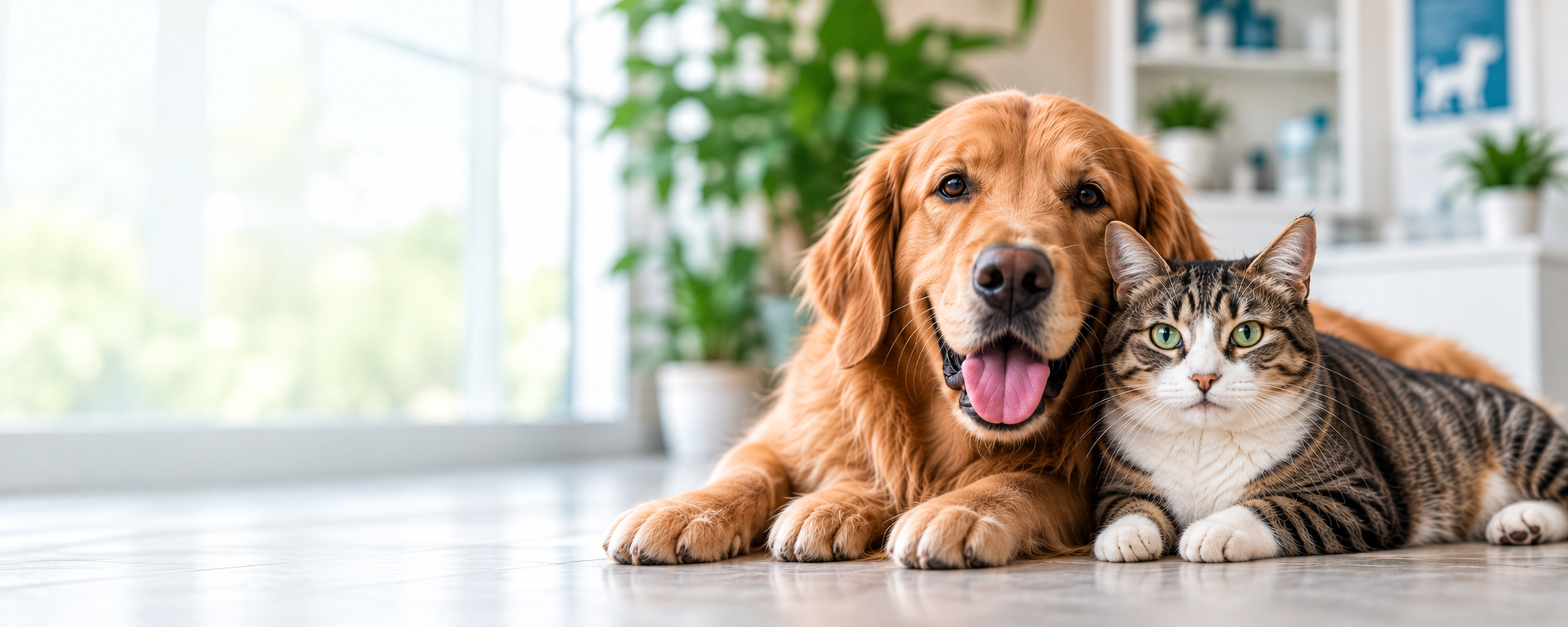 Un perro golden retriever y un gato juntos