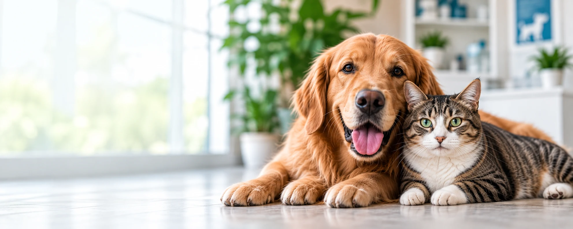Un perro golden retriever y un gato juntos